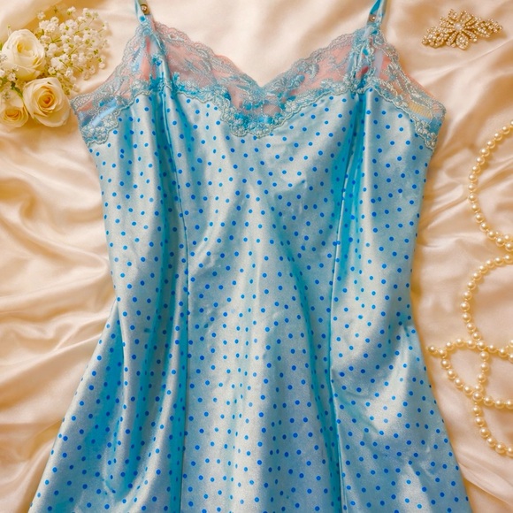 Victoria's Secret Aqua Blue Polka Dot Satin Slip with Lace Trim - Picture 2 of 5